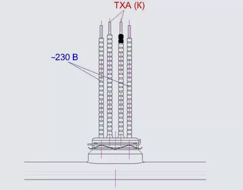 Излучатели исполнения 2 с встроенным датчиком температуры (термопара ТХА типа «К») имеют два дополнительных контактных вывода в центре цоколя для подключения к измерительному прибору или терморегулятору